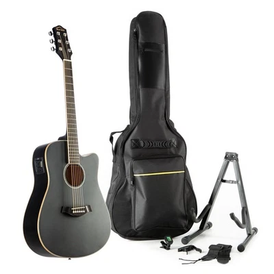 Red Hill Westerngitarren Set DCE-S Black 2, Gitarre, Ständer, Gigbag, Stimmgerät
