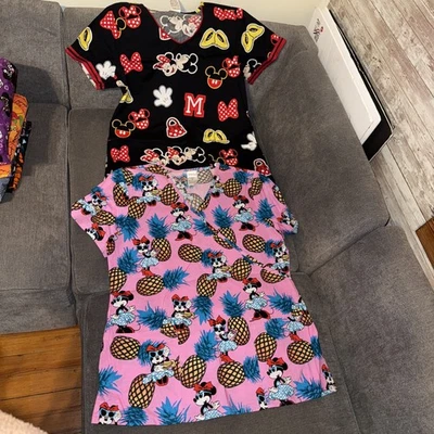 2- Women’s Disney Mickey & Minnie Mouse V Neck Scrub Top Size Medium #2 - Image 1 of 4
