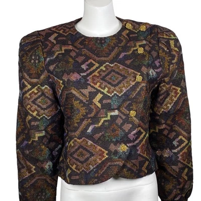 Vintage Doncaster Tapestry Cropped Jacket Size 8 Gold Button Detailing Snap Up - Image 1 of 4