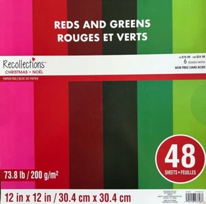 ~ REDS & GREENS ~12X12 SCRAPBOOK CARDSTOCK PAPER PAD 48 LOT~RECOLLECTIONS~NEW - Picture 1 of 1