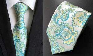 Corbata Plateada Amarilla Verde Azul Paisley Hecha a Mano Para Hombre Boda Formal - Imagen 1 de 2
