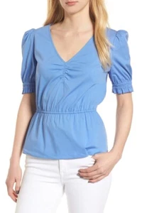 Hinge Ruched Poplin Top Blouse New Women's Size Small Blue - Picture 1 of 9