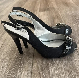 Guess Platform High Heels Signature Logo Black Fabric Women's Sz 7M - Picture 1 of 7