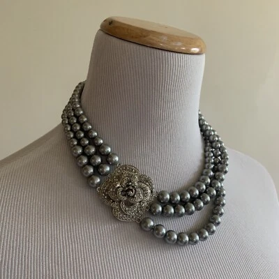 LOFT Triple Strand Faux Gray Pearl Necklace w/ Rhinestone Flower NWT 17” - Image 1 of 4