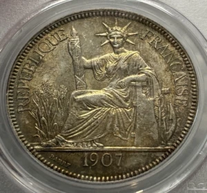 1907-A French Indo China Silver Piastre - PCGS MS63 - Lec-290 - Picture 1 of 4