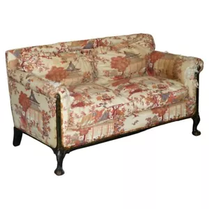 ANTIQUE HOWARD & SONS AESTHETIC MOVEMENT SOFA CLAW & BALL FEET CHINOISERIE FABIC - Picture 1 of 12