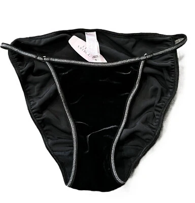 NEW Victoria's Secret Black Velour Silver Trim String Bikini Panty Small NWT - Image 1 of 4