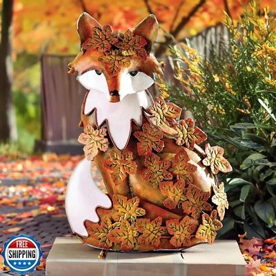 Estatua de jardín de zorro de metal Teaeeno - decoración artística de patio de zorro de pie, hoja de arce Foto 1 de 4