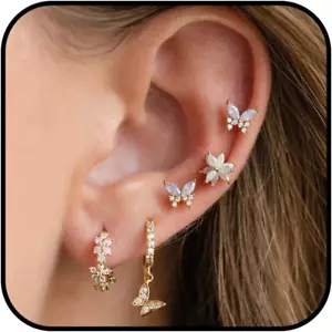Dainty Gold Earring Set - Tiny Flower & Butterfly Cartilage Studs & Hoops - Hypo - Picture 1 of 12