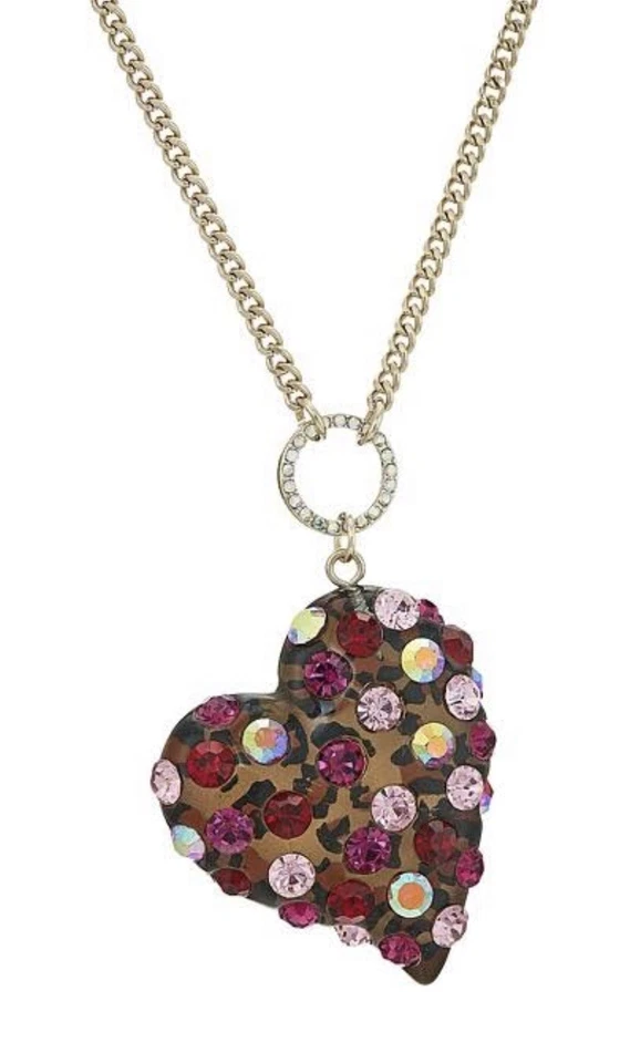 Betsey Johnson Leopard Heart Roses Pink Pendant Necklace 889295243695