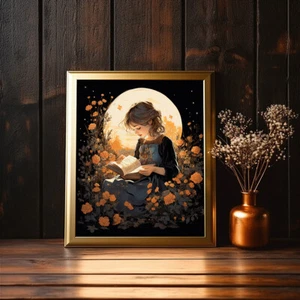 Girl Reading a Book, Mystical Moon and Flowers Print, Celestial Floral Dark Art - Picture 1 of 4