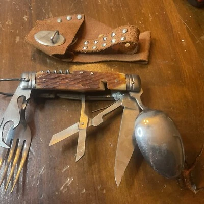 Cuchillo de bolsillo vintage Japón Scout Hobo camping cuchara y tenedor con estuche Foto 1 de 4