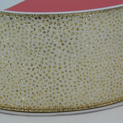 Christmas Wired Jumbo Ribbon White Gold Glitter Celebrate It 2.5" x 80 Feet New - Image 1 of 4