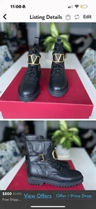 Valentino VLogo combat boots lace-up lug sole chunky booties black leather 38 - Picture 1 of 1
