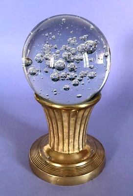 grosse boule d'escalier en verre bullé support en bronze base en laiton - Photo 1/3