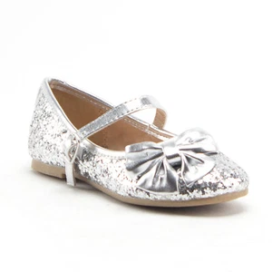 Little Girls' Glitter & Bow Round Toe Shimmer Mary Jane Dress Flats Party Shoes - Picture 1 of 6