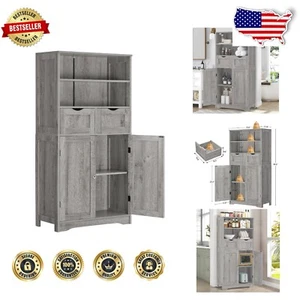 Elegant Floor Cabinet with 2 Drawers and 2 Adjustable Shelves - Grey Storage - Picture 1 of 11