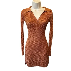 L*Space Aria knit mini dress XS Sahara brown Long sleeves Collared V-neck Womens - Picture 1 of 7