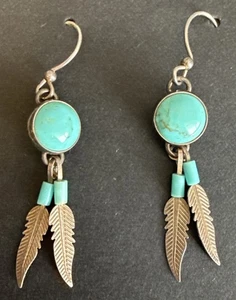 Vintage Turquoise Native American Sterling Feather Dangle Earring - Picture 1 of 4