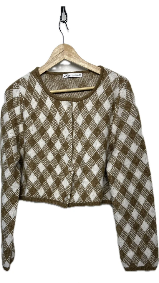 Zara Brown and White Checkered Vintage-Inspired Small Cardigan Cropped Oversized - Image 1 of 4