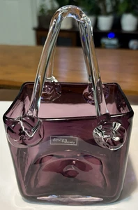 Design Society Hand Blown Art Glass Purple Purse Bag Handbag Vase Basket Decor - Picture 1 of 7
