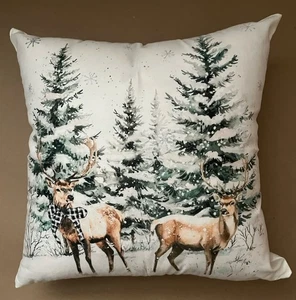 Christmas Holiday Pillow Throw 18 X 18 Deer And Evergreens - Picture 1 of 3