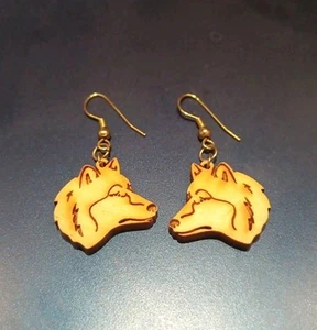 Handcrafted Wooden Wolf Dangle Earrings - Picture 1 of 1