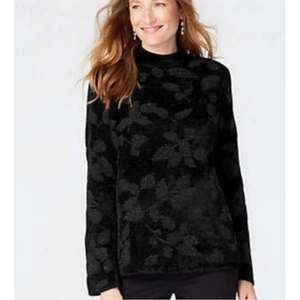 J. Jill Damen XS schwarz Blumenmuster Langarm Stehkragen flauschiger Pullover Seide - Bild 1 von 9