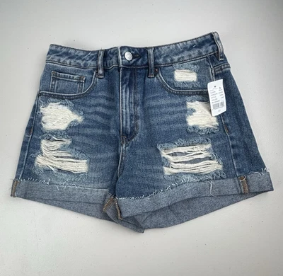 NUEVO Pantalones Cortos PacSun Para Mujer 27 Azul Mamá Cortos Denim Puños Tiro Alto Envejecidos Nuevos con Etiquetas Foto 1 de 4