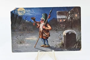 1909 German New Year Postcard Gnome Elf Horn Scene Moonlight Winter Signed A2L - Picture 1 of 2