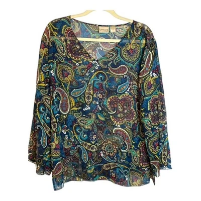 Chico's Blouse Women's Size Large Paisley Floral Silk Blue Green Chicos 2 - Image 1 of 3