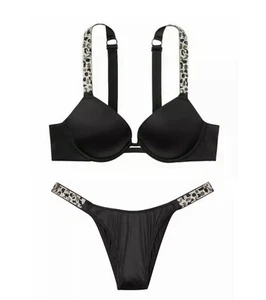 Victoria’s Secret VERY SEXY Push-up shine strap Bra & Panty Set 32D / S Black - Picture 1 of 8