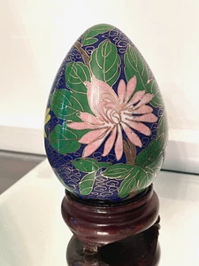 Vintage Chinese Cloisonné 4” Egg Enamel Floral Design with Wooden Stand - Picture 1 of 13