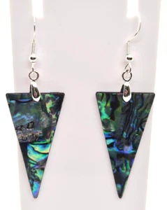 ABALONE LONG TRIANGULAR 925 SILVER HOOK EARRINGS 6CM DROP E374 - Picture 1 of 4