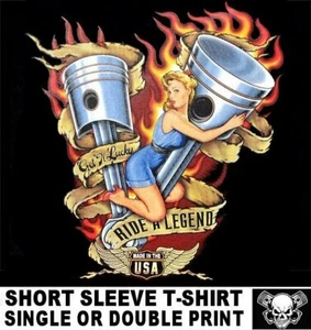 RIDE A LEGEND PIN-UP GIRL ON USA V-TWIN PISTONS MOTORCYCLE BIKER T-SHIRT WS138 - Picture 1 of 12