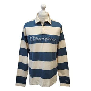 Champion Beige & Blue Striped Long Sleeve Polo T Shirt Top UK Men's L J195 - Picture 1 of 4
