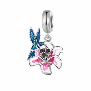 S925 Sterling Silver Hummingbird Hibiscus Flower Charm Pendant -YOUnique Designs - Picture 1 of 1