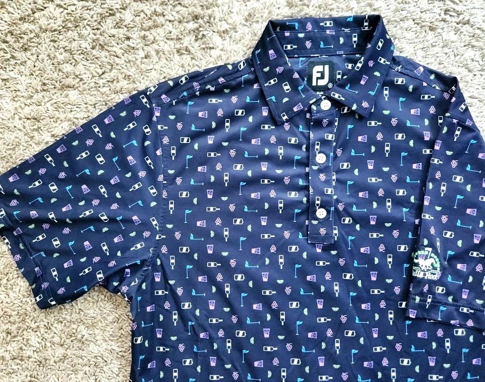 Footjoy FJ Polo Golf & Liquor Polka Dot Men's S Small Bulle Rock Dark Navy Euc - Image 1 of 4