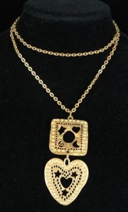 Vtg AVON Brushed Gold Chain Statement Necklace w/ Dual Pendant LOVE Heart Moon - Picture 1 of 10