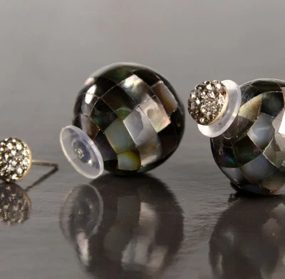 Tasai Ohrstecker Perlmutt Ohrringe Strass Steine Kugel Doppel Perlen Perle Mode - Bild 1 von 4