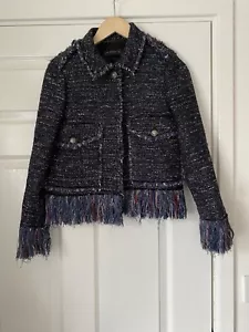 ZARA ~ BLUE TWEED FRINGED/ FRAYED JACKET~ S ~VGC - Picture 1 of 6