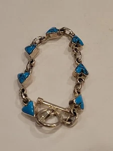 Vintage Mexico 925 Sterling Silver JR Turquoise Heart Panel Toggle Bracelet 7" - Picture 1 of 8