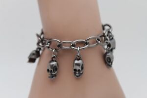 Women Pewter Color Metal Chain Gothic Bracelet Biker Fashion Jewelry Skull Charm