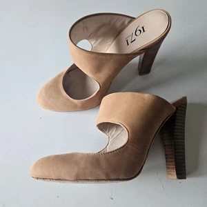 1971 hobbs high heel shoes mules tan leather brown slip on block heel 3 - Picture 1 of 12
