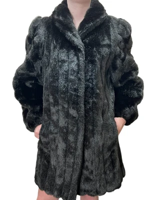 Vtg 70s Sz  M~ L Coat Faux Fur Dark Brown Padded Shoulders American Signature - Image 1 of 4