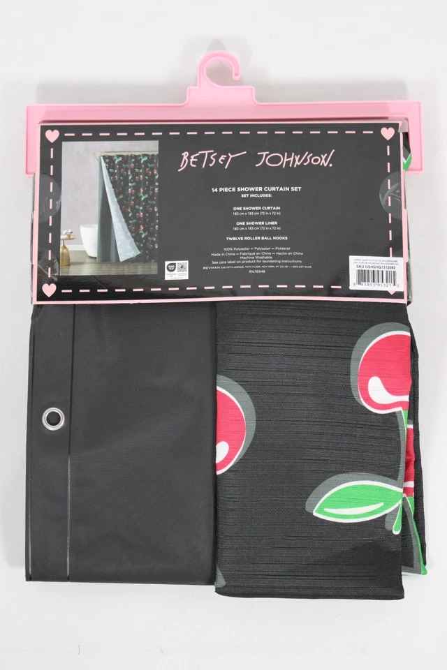 Betsey Johnson Shower Curtain Set with Liner & Hooks, 14 Piece, Floral, Cherries - Image 1 of 1