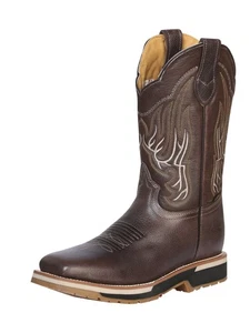 Men's Establo Rodeo Boots Square Toe Genuine Leather Grisly Brown Soft Toe - Picture 1 of 7