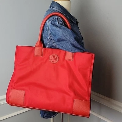 TORY BURCH Ella Large Red Nylon Double Handle Designer Preppy Office Tote Bag - Image 1 of 4