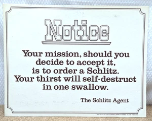 Letrero de cartón Schlitz Notice 1970 14x11" The Schlitz Agent - Imagen 1 de 2