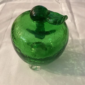 Vintage Handblown Apple Crackle Green Glass Fruit Fly Trap Removable Stem 4” - Picture 1 of 6